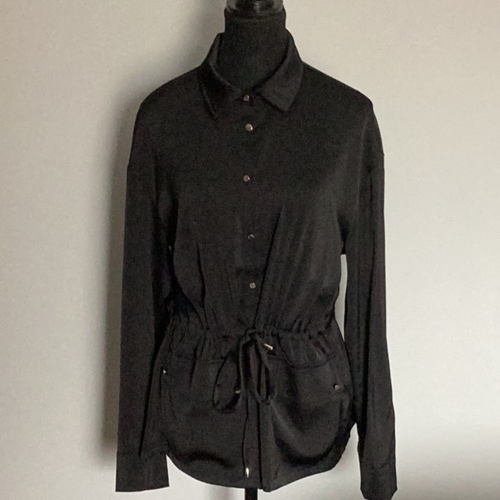 Modern Works Black Button-Up Top with Drawstring Waist